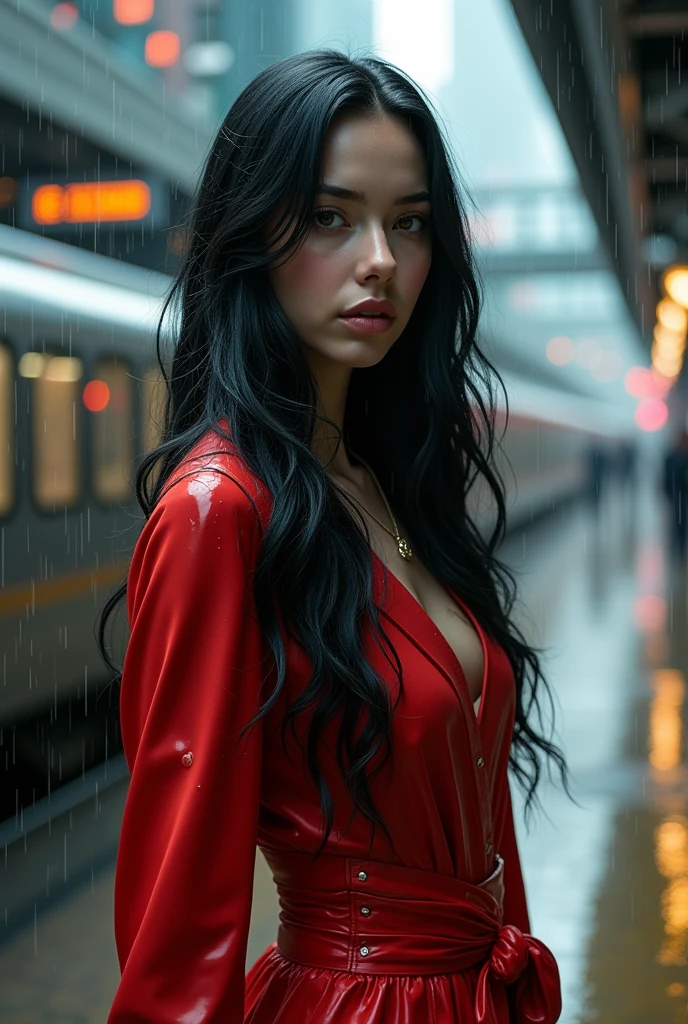 masterpiece, best quality, 2girls, (closeup), 18yo , slim, small breast, naked breast, nipple, open red raincoat, sitting, in abandoned train, hugging, lode, smile, heavy rain, downpour, flood, wasteland, grey, desolate, rain, dark, watercolor, (topless:1.2)