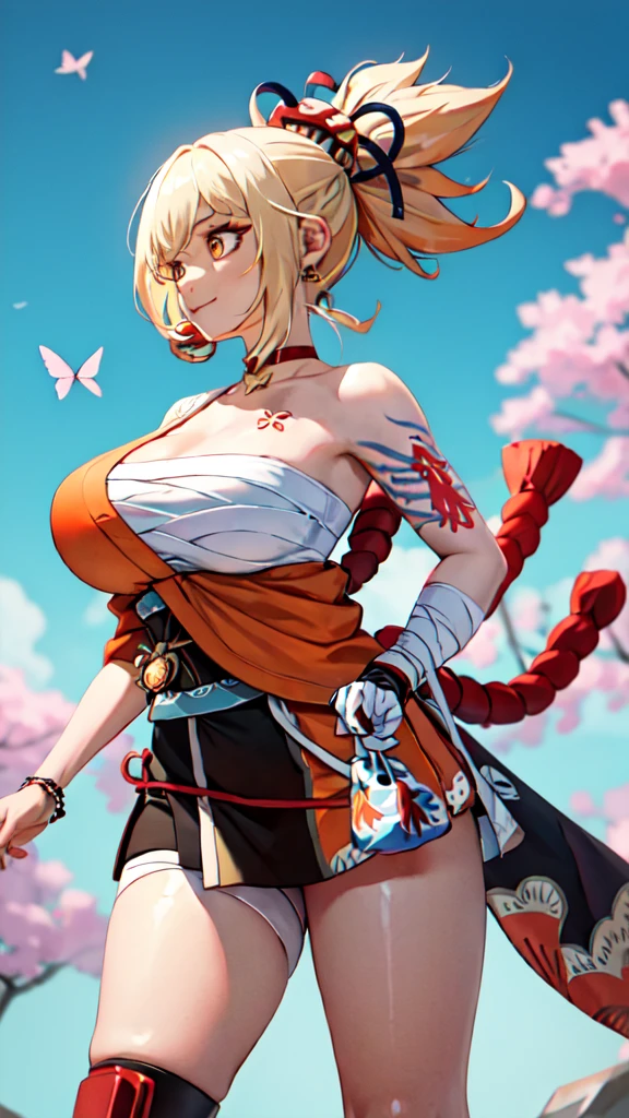 Masterpiece, masterful, high resolution, 1 female, Blonde hair, Medium hair, Asymmetrical hair, Floating hair, High ponytail, side locks, hair adornments, fish hair ornament, nipple tassels, Hairpin, bangs, orange eyes, Smile, choker necklace, red necklace, pendant choker, butterfly choker, clavicle, tattoo, chest tattoo, flower tattoo, cleavage, Huge breast, Thighs, bandages, bandaged leg, industry, Budget sarashi, Sarashi of the chest, black sash, Hadanugidosa, Hokisei, Japanese clothes, common, Wallet, obi, obiage, obijime, orange kimono, Wallet, patterned kimono, Cord, obi, shimenawa, Short kimono, bare shoulders, Genshin, east asian architecture, sakura, Single glove, Single fingerless gloves, arms cuffs,busty body, thick leg