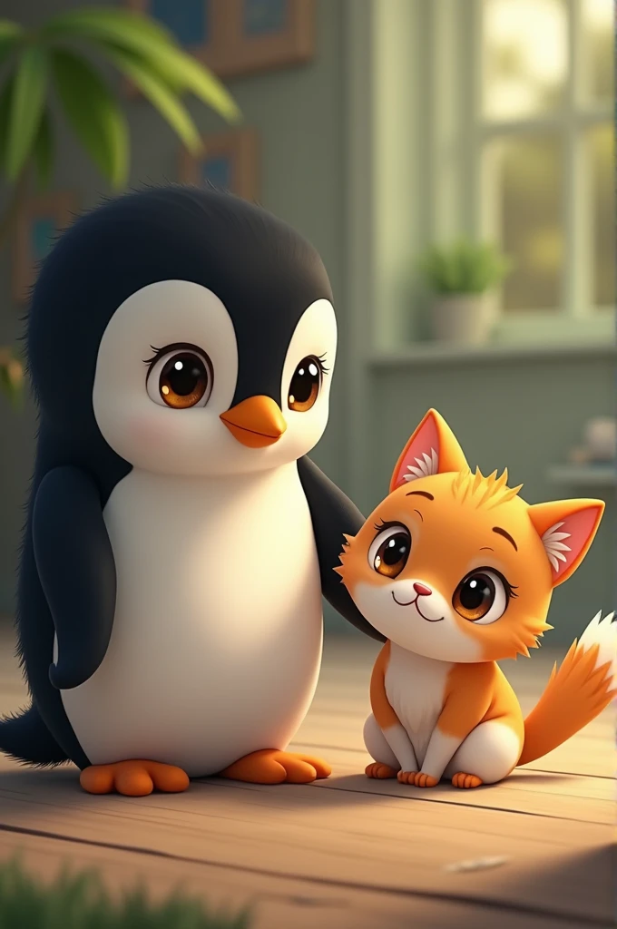A cute penguin and a cat in the style of Studio Ghibli, beautiful detailed eyes, beautiful detailed lips, extremely detailed eyes and face, long eyelashes, portrait, fantasy, soft colors, warm lighting, (best quality,4k,8k,highres,masterpiece:1.2),ultra-detailed,(realistic,photorealistic,photo-realistic:1.37),vibrant colors,cinematic lighting,studio lighting,whimsical,magical realism