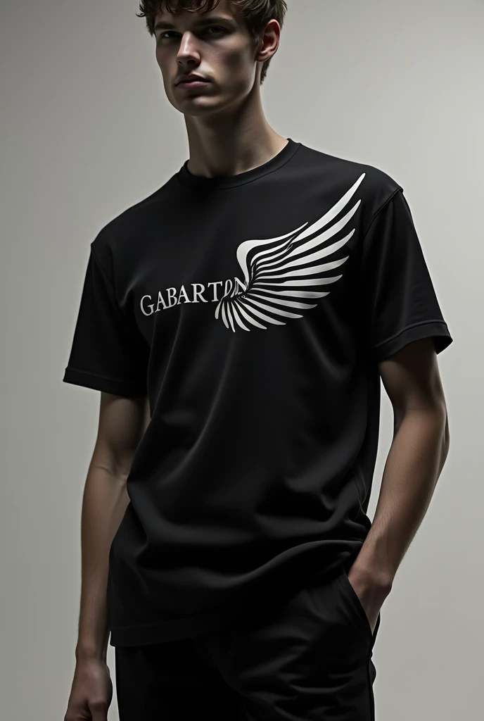 Photo of a plain black t-shirt called GABARTON, the back of the t-shirt has a LONG wing logo 