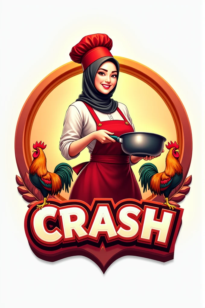Logo 3d text written "CRASH" in the below section, with the mascot of a beautiful Indonesian woman wearing a hijab, wearing an apron, wearing a chef's hat, hand holding a pan, inside the circle, decorated with rooster and fried chicken,