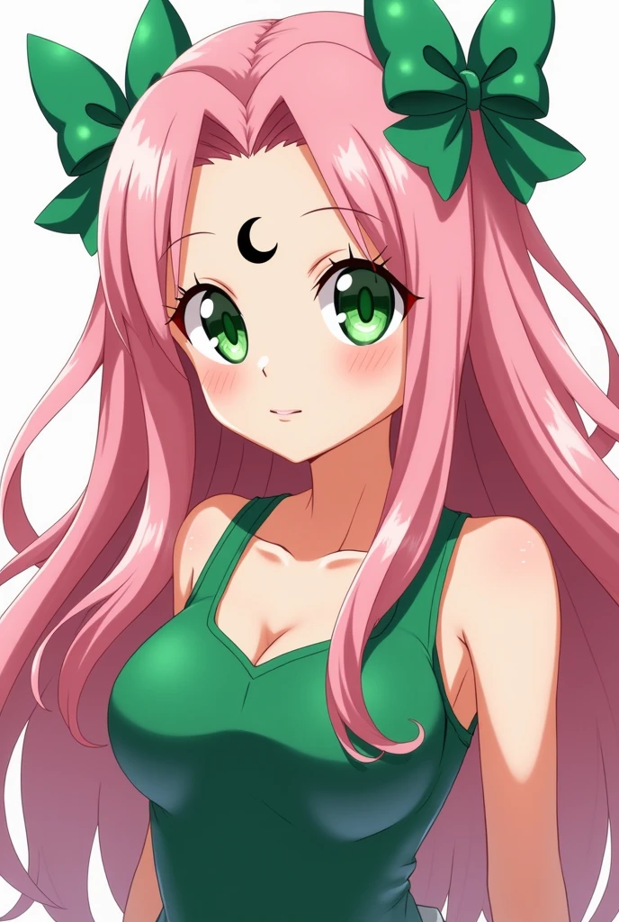 A female character from the anime Boku no hero academy who has the following long pink hair, who has two green bows in her hair. The character has green eyes and a kind expression. He is wearing a green tank top. On his forehead he has a symbol in the shape of a black crescent moon..