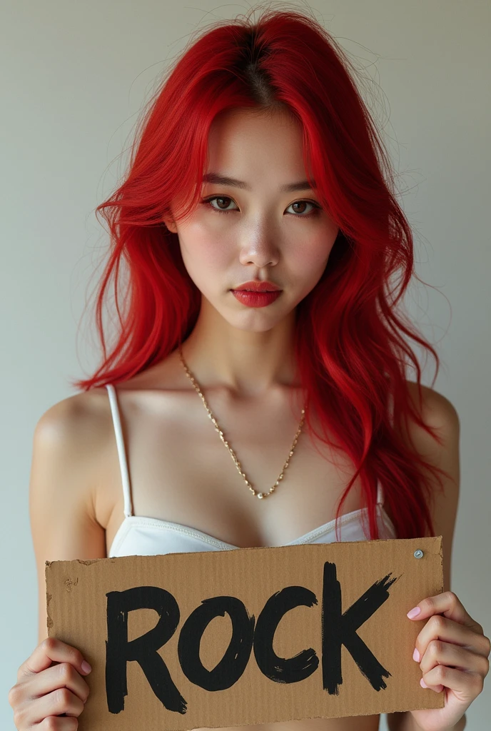 Sexy Asian girl with big boobs in bikini, in headphones, redhead, holding wooden sign with "I love all music" written on it