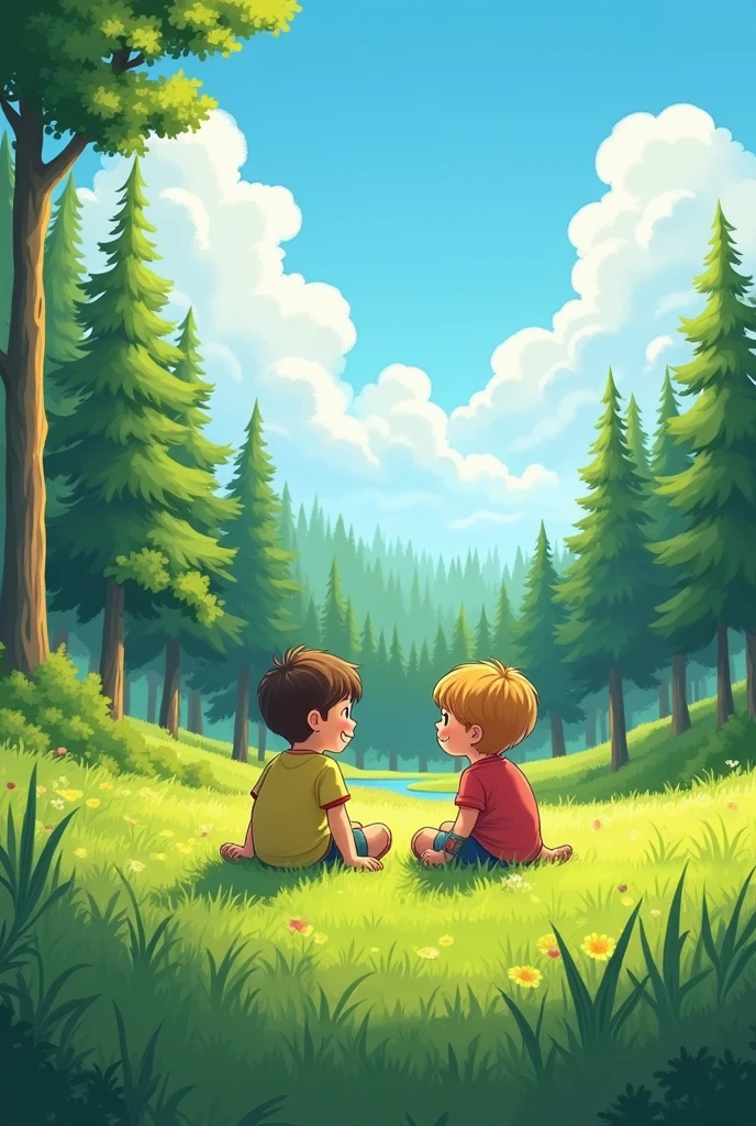 masterpiece, best quality, permanent, The ground is covered with fresh green grass), ((Fir forest in the distance)), (Sunlight),cloud, Happy Mood,Children sitting on the grass detailed,Rich colors,