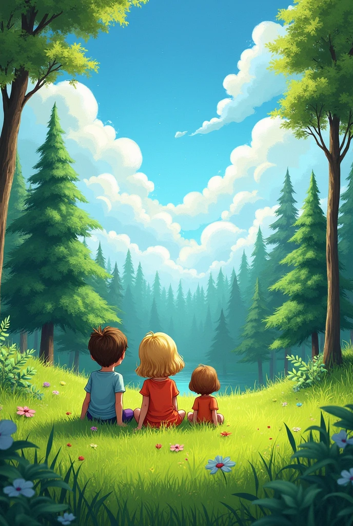 masterpiece, best quality, permanent, The ground is covered with fresh green grass), ((Fir forest in the distance)), (Sunlight),cloud, Happy Mood，Children sitting on the grass detailed，Rich colors，