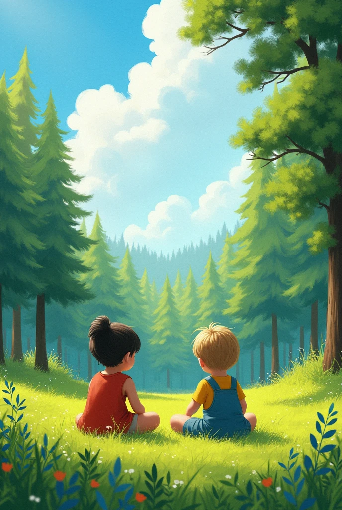 masterpiece, best quality, permanent, The ground is covered with fresh green grass), ((Fir forest in the distance)), (Sunlight),cloud, Happy Mood，Children sitting on the grass detailed，Rich colors，