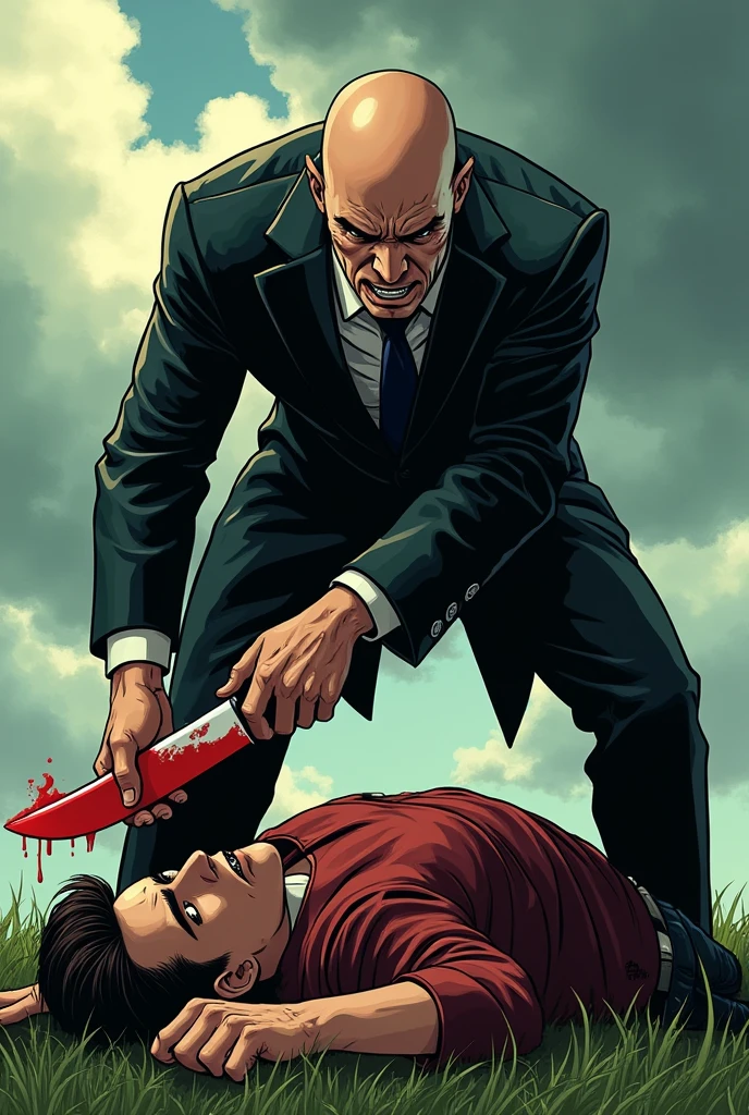 Create a dynamic and intense thumbnail featuring two characters in a dramatic scene. One character, a strong-looking bald man in a suit, is holding a knife and angrily pressing down on the other character, who is lying on the ground with a pained but defiant expression. The background shows a cloudy sky and green grass, enhancing the tension in the scene. The overall mood should be intense, with high contrast and vivid colors to grab attention."The knife has become red since it started dripping from today.