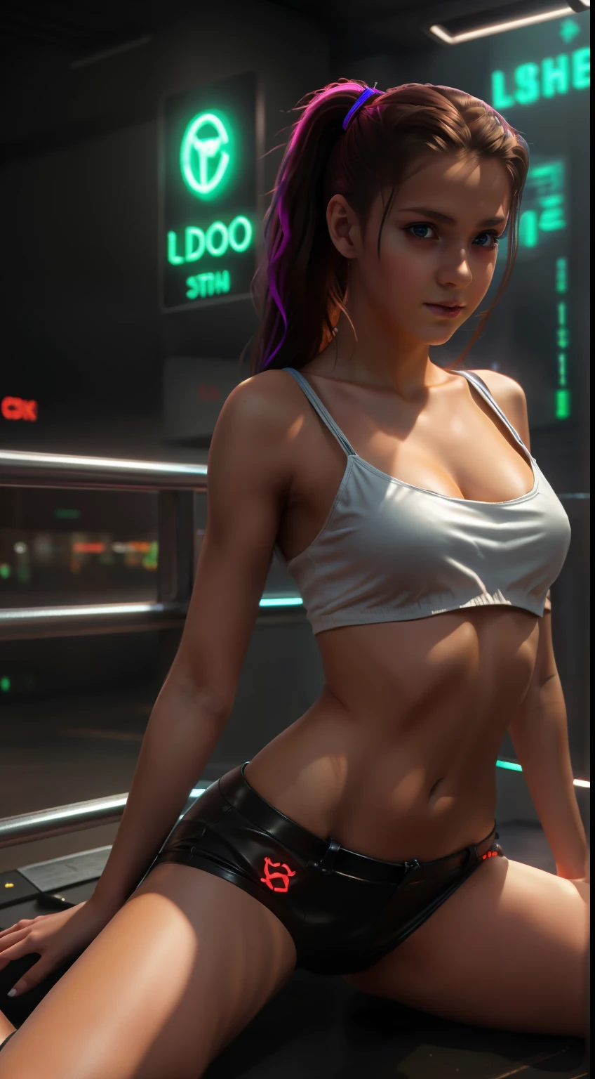 A high resolution, First job, better quality, ****ung young Slavic girl, d0r0r0, demonic technology, Sitting, neon details, neon cyberpunk style, the underworld is in the background, finely detailed leather, , very muscular slender legs,8k rendering,Photorealistic girl,teen,8k render,fotorealistic 