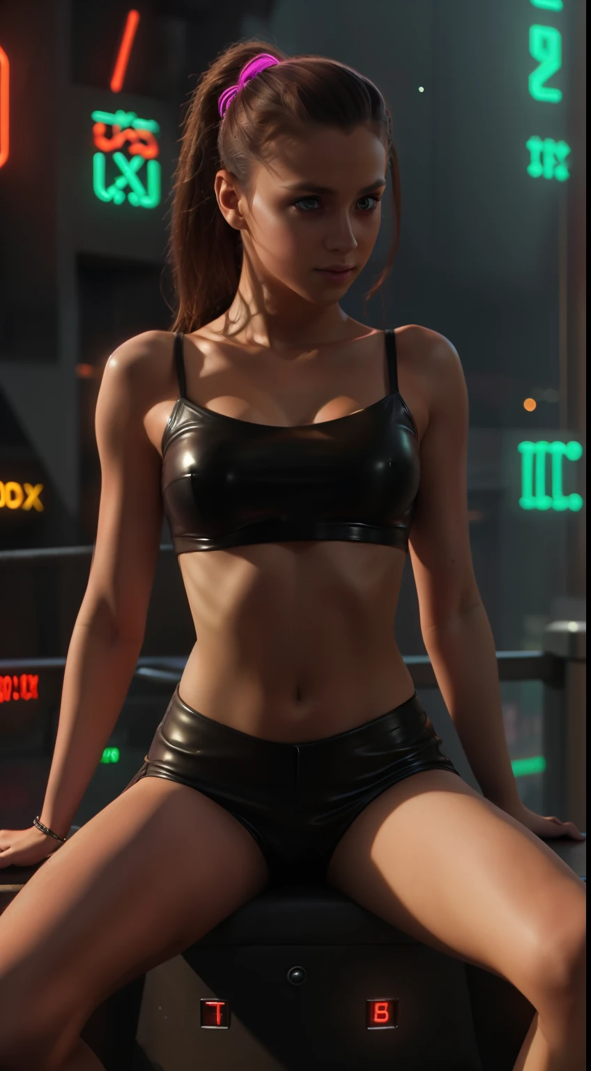 A high resolution, First job, better quality, ung young Slavic girl, d0r0r0, demonic technology, Sitting, neon details, neon cyberpunk style, the underworld is in the background, finely detailed leather, , very muscular slender legs,8k rendering,Photorealistic girl,teenrender,fotorealistic