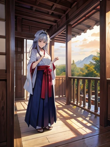 ((Highest quality)), ((masterpiece))、Small breasts are justice、Majestic Background、View from afar、Multiple people、Two women、Two shrine maidens、Dance、prayer、Uplifting、guide、(Blue and silver long hair、Blue-green eyes)、(Scarlet long hair、Orange eyes)、Miko costume、Hakama、morning haze、shrine、anime