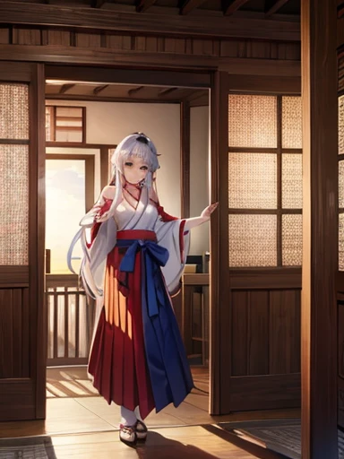 ((Highest quality)), ((masterpiece))、Small breasts are justice、Majestic Background、View from afar、Multiple people、Two women、Two shrine maidens、Dance、prayer、Uplifting、guide、(Blue and silver long hair、Blue-green eyes)、(Scarlet long hair、Orange eyes)、Miko costume、Hakama、morning haze、shrine、anime