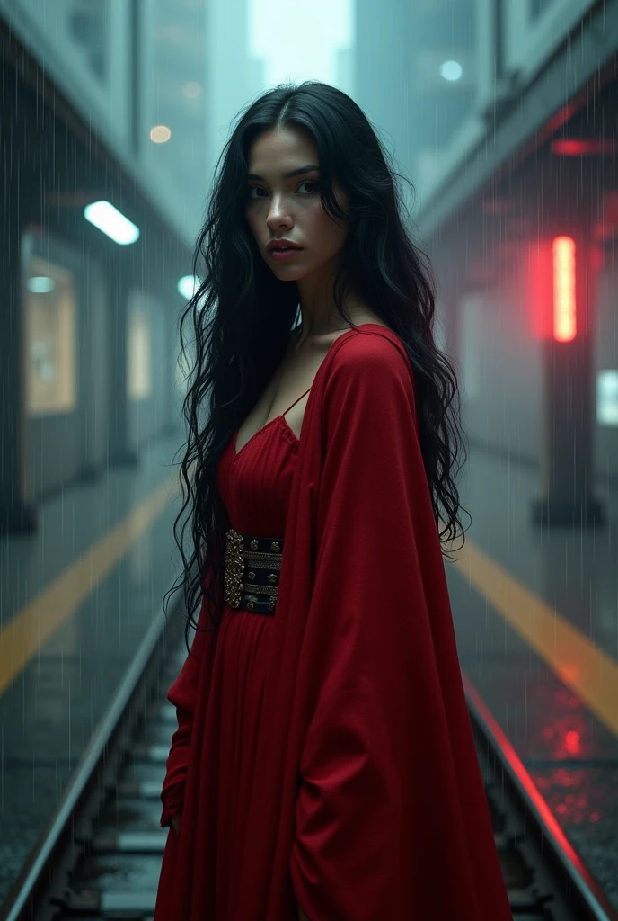 Beautiful face girl with wavy long black hair, red full covered and red skirt realistic with a rain in cyberpunk city station 