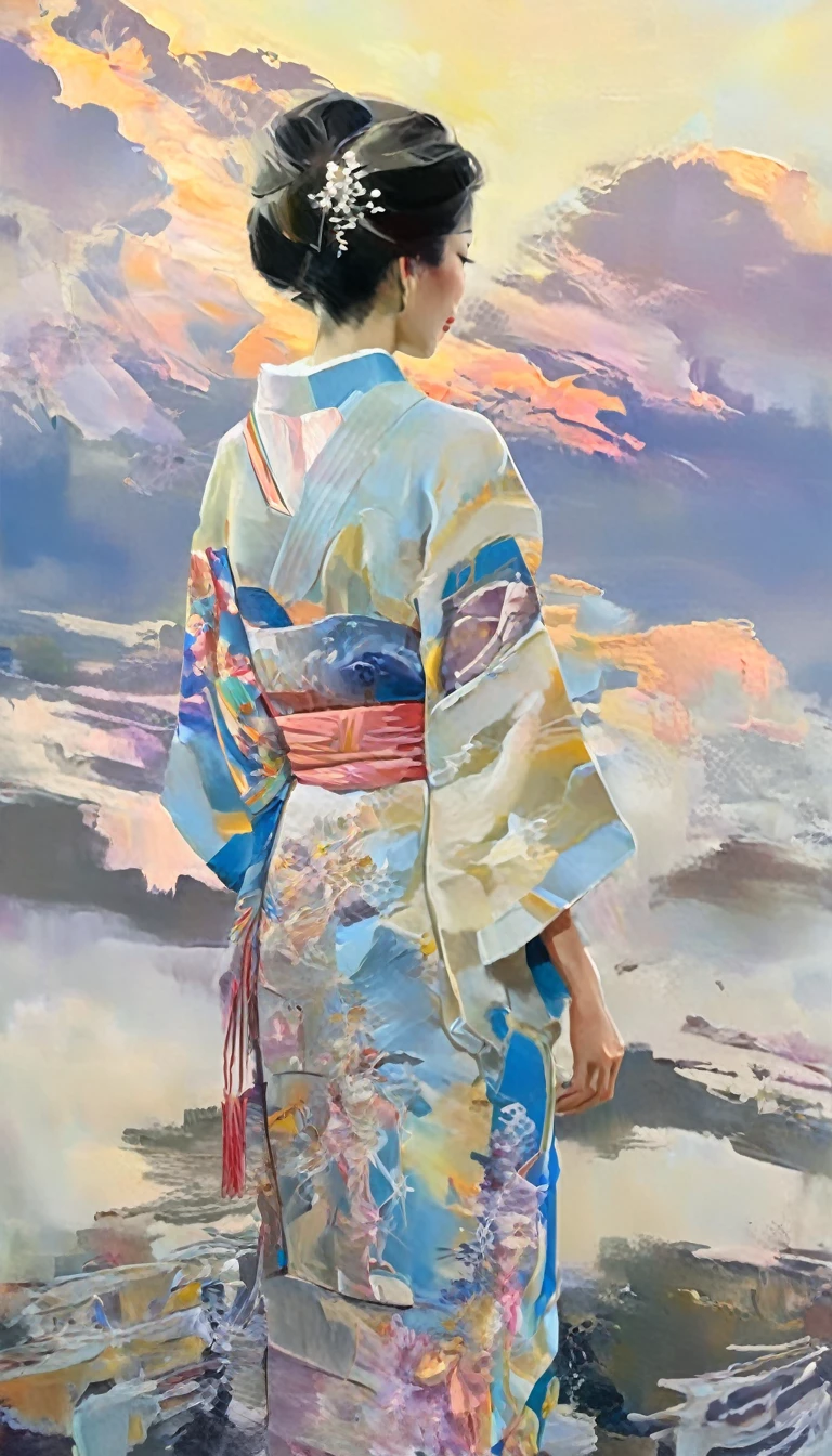 a beautiful japanese lady in a hand painted silk kimono with pearl threads, standing on the edge of a cliff, looking at the sunset, with her kimono trailing into the fractal clouds, holding a paintbrush in her hands, painting the clouds, neoclassical oil painting, photorealistic, dramatic lighting, warm color palette, detailed fabric textures, intricate kimono patterns, glowing sunset sky, wispy fractal clouds, detailed facial features, intense gaze, graceful pose, masterpiece, 8k, best quality