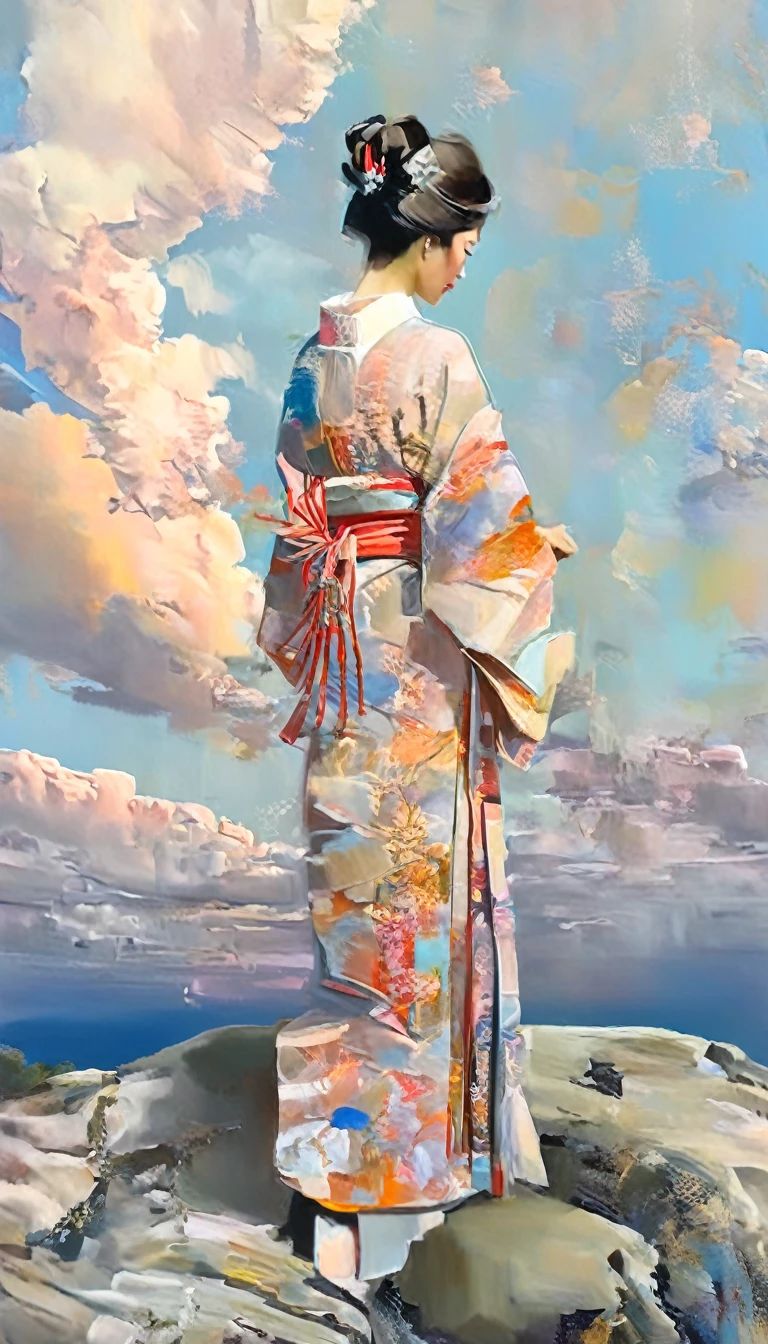a beautiful japanese lady in a hand painted silk kimono with pearl threads, standing on the edge of a cliff, looking at the sunset, with her kimono trailing into the fractal clouds, holding a paintbrush in her hands, painting the clouds, neoclassical oil painting, photorealistic, dramatic lighting, warm color palette, detailed fabric textures, intricate kimono patterns, glowing sunset sky, wispy fractal clouds, detailed facial features, intense gaze, graceful pose, masterpiece, 8k, best quality