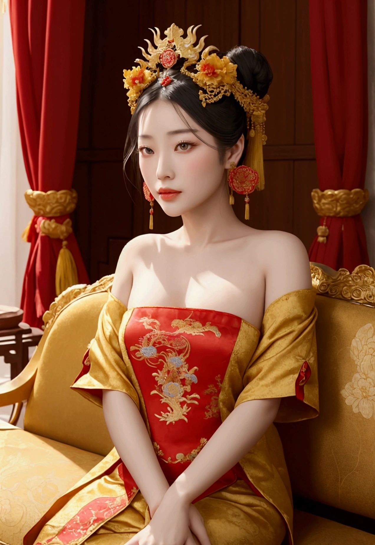 A gorgeous empress from the Chinese imperial court during the Qing Dynasty. She sits naked on a large yellow dragon embroidered sofa with her legs spread apart, her hair in double ponytails, wearing a gorgeous Chinese empress crown and a flower hairpin, and her hair is tied up and pulled up.
