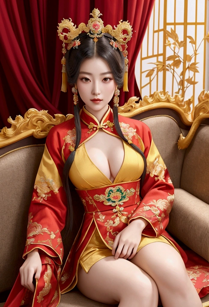 A gorgeous empress from the Chinese imperial court during the Qing Dynasty. She sits naked on a large yellow dragon embroidered sofa with her legs spread apart, her hair in double ponytails, wearing a gorgeous Chinese empress crown and a flower hairpin, and her hair is tied up and pulled up.