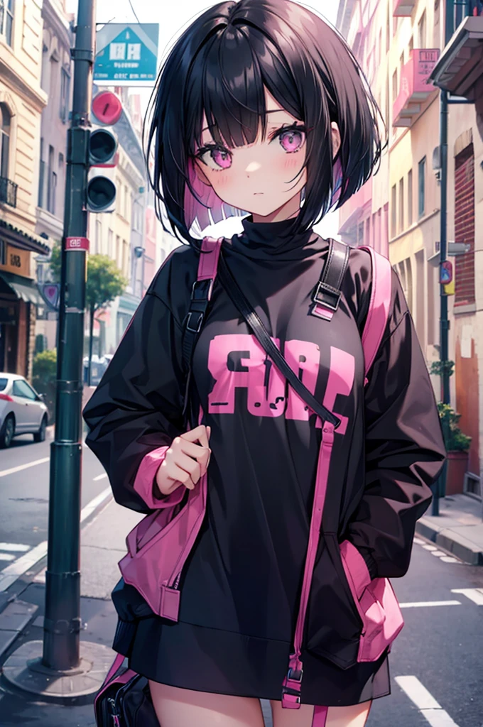black hair, pink clothes, girl, (((solo, bob kat))), adult, gothic, street
