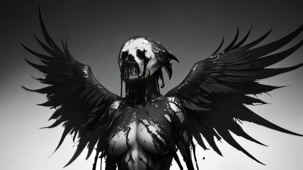 bs, solo, simple background, monochrome, upper body, greyscale, bodysuit, black background, 1other, monster, arms at sides, horror (theme) there is a large-breasted woman in the picture with her arms torn off and her face bleeding, ravens flying in the background