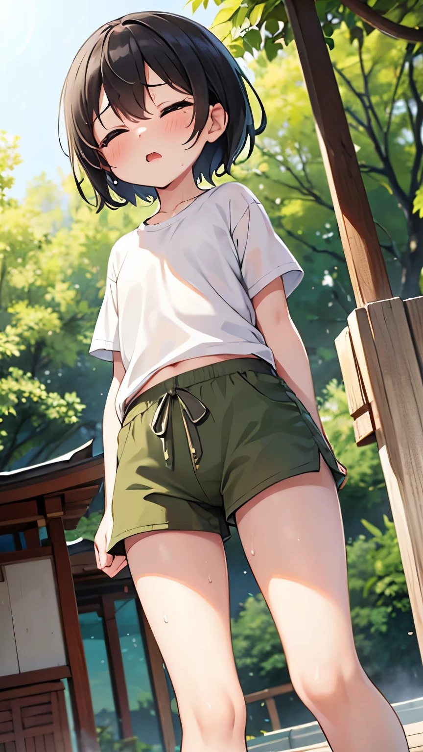 shrine,Are standing,Place your hands behind your back,close your eyes,1. Small ,short hair,Black Hair,blush,White T-shirt,Olive green shorts,barefoot,White skin,summer,From below,shy,Sweat,Open your mouth,sun,Wet,