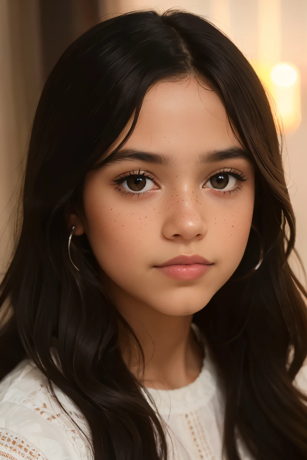 ((best quality)), ((masterpiece)), (detailed), beautiful nine year old latina girl, perfect face, calm expression, soft expression, not fully smiling, (dark brown eyes), (black eyes), photorealistic, detailed long hair, perfect lighting, (young), delicate gentle, feminine, she is beautiful, she is calm, photorealistic image, detailed long hair, perfect lighting, (young), delicate, gentle, feminine, she is beautiful, she is calm, photorealistic image, long black hair, dark brown sheen, clear brown eyes, clear black eyes, light freckles across her cheeks, long wavy hair, long curly hair, realistic, (tanned white skin)