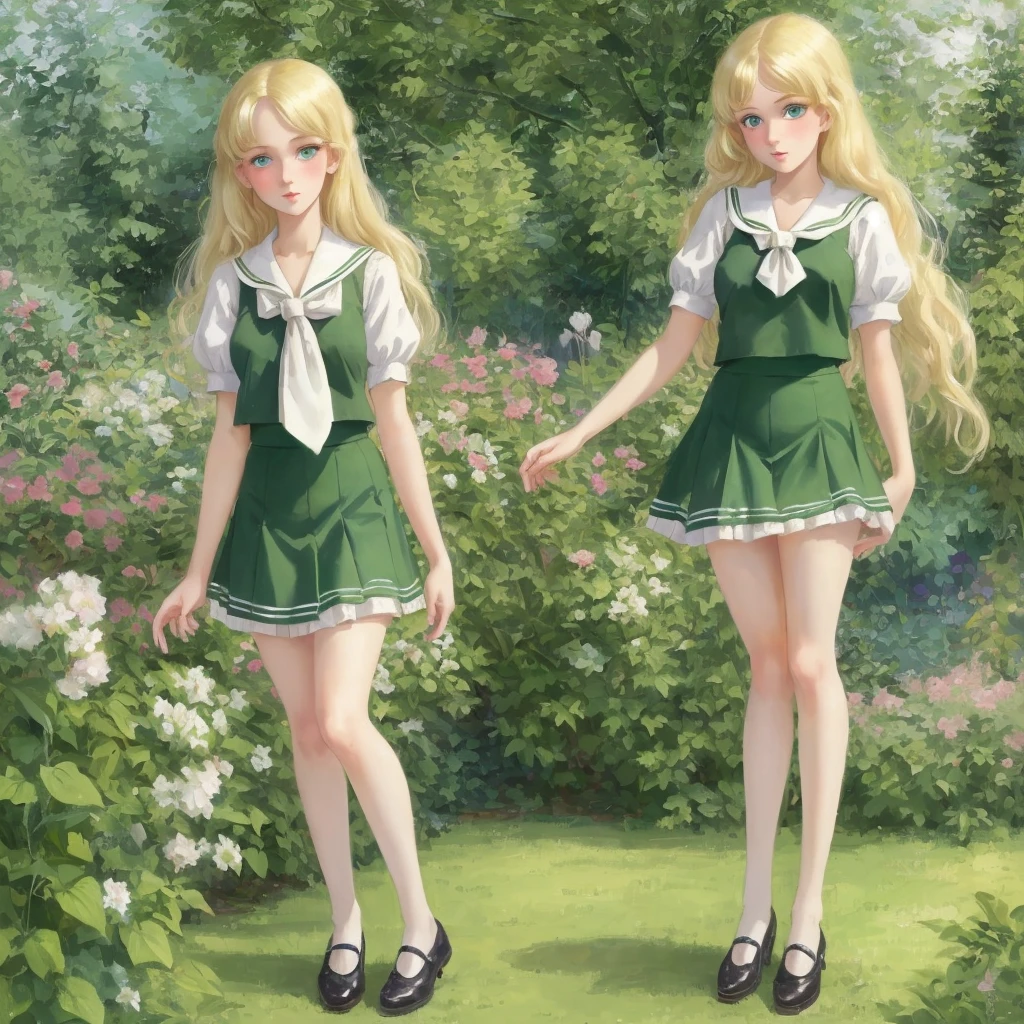 7 girls, long hair, Big , Blushing, blond, Green-eyed sailor suit short skirt 1933 style cute and beautiful girl 18 years old in the garden beautiful long legs high resolution, best quality, masterpiece, Lift skirt mini skirt