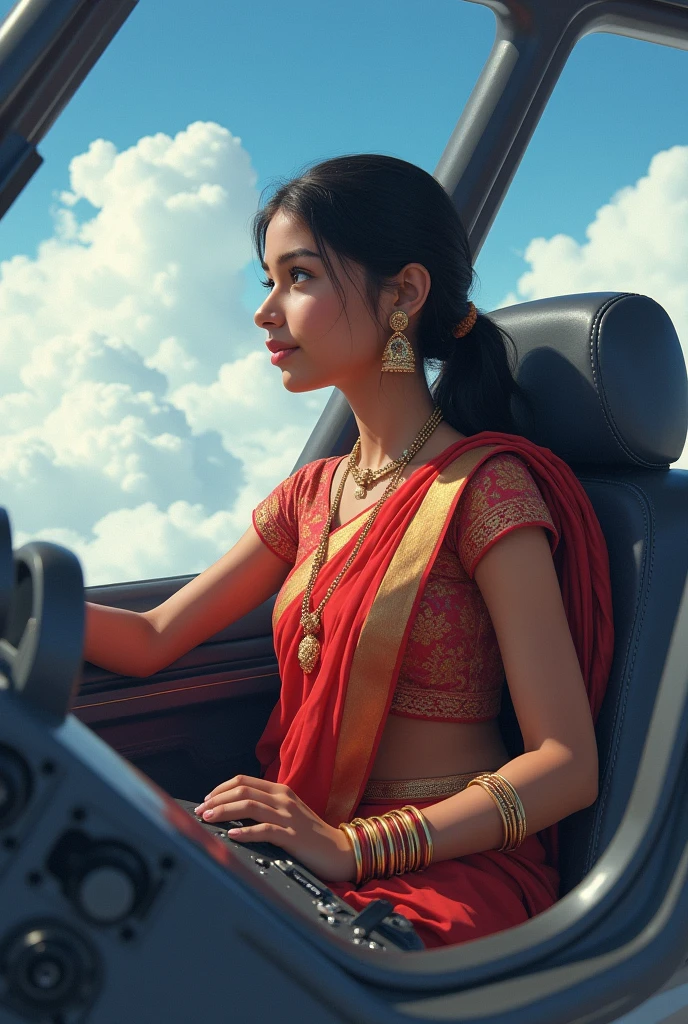 A girl driving a plane weared half saree