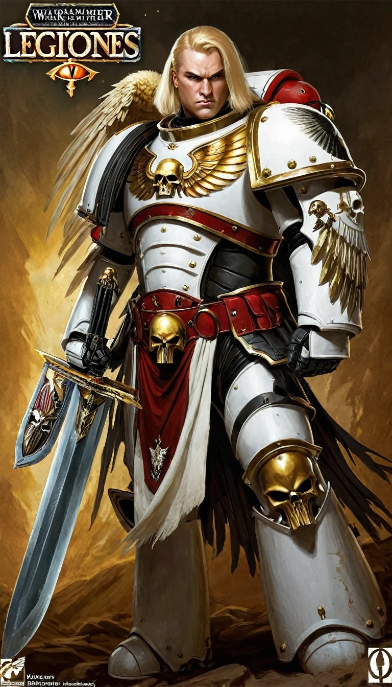  [Portrait, dynamic standing, fullbody : 2,2]. a close up of a man with a sword ((space marine portrait:1,1)),((artistic portrait:2,2)), artwork Warhammer 40k art, space marine, Warhammer art, Warhammer 4 0k fantasy, wearing dark red armor, ((young:2,2) ), vegetal decoration on the lower part of the ((white left shoulder pad:2,2)), ((a white forearm:1,2)) with decoration of Golden eagle wing, white forearm, belt with golden skull in the center, ((curved silhouette:2,2)). strong armor, ((detailed face:2,2)) ((short blonde hair:1,1)), ((war background : 1,2)) ((golden and metallic cheribs on his back:2,3)) ((Featured like an demon:1,2)), (black and white:3), ( fighting orc:2,4)