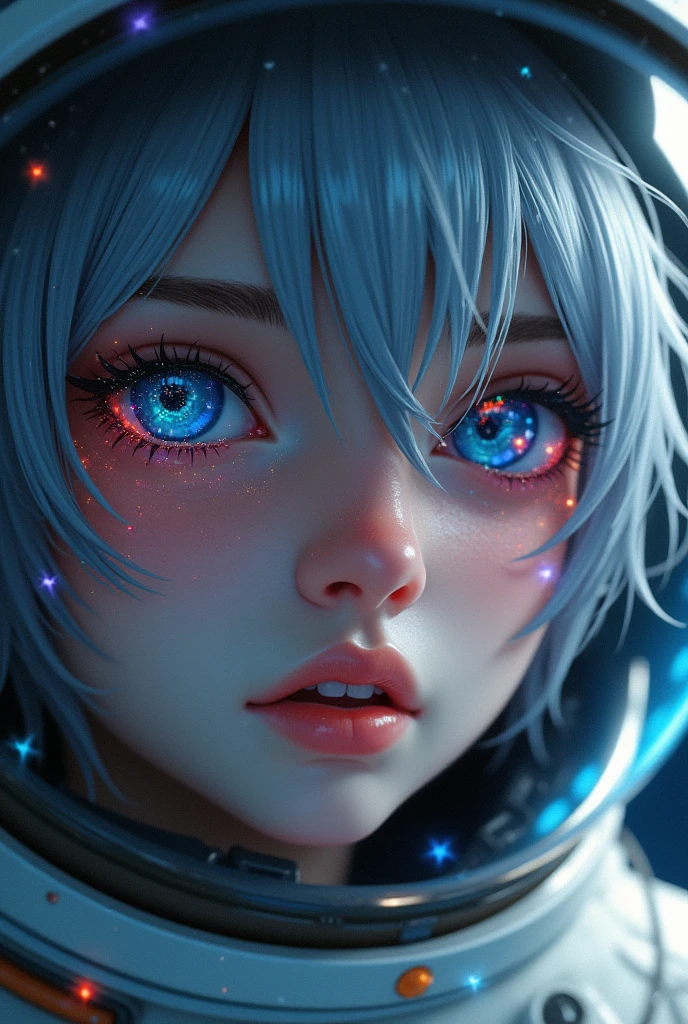 (Close-up of a better masterpiece:1.5)0.9], (Space and astronauts:1.2) (Messy silver hair:1.1) (Heterochromia xanthochromia and blue eyes:1.2) (Space Helmet:1.0) (Colored stars in the eyes:1.0) (A radiant glow:1.1) (thick lips:0.9)