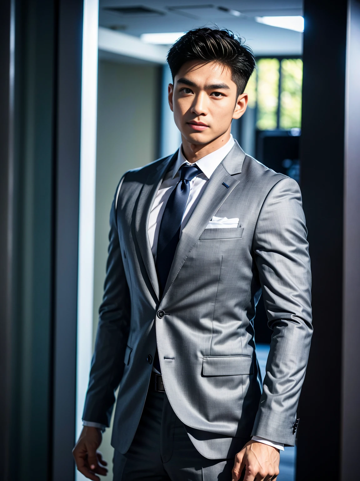 masterpiece, bestquality, High Quality, extremely detailed cg unity 8k wallpaper, Depth of Field, HDR,,photorealistic portrait,Very detailed, 1 man, asian, Short black hair (wearing a gray suit), Pectoral muscles, Big arm muscles, blood vessel, Big muscles, Wide shoulders, looking at the audience, balance eyes, (eye contact)