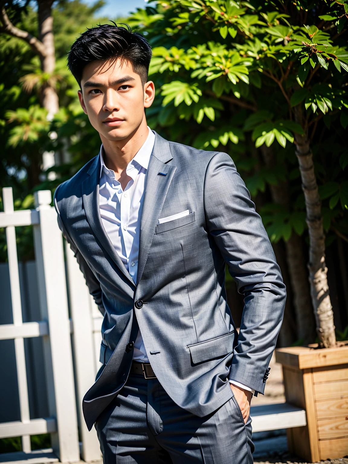 masterpiece, bestquality, High Quality, extremely detailed cg unity 8k wallpaper, Depth of Field, HDR,,photorealistic portrait,Very detailed, 1 man, asian, Short black hair (wearing a gray suit), Pectoral muscles, Big arm muscles, blood vessel, Big muscles, Wide shoulders, looking at the audience, balance eyes, (eye contact)