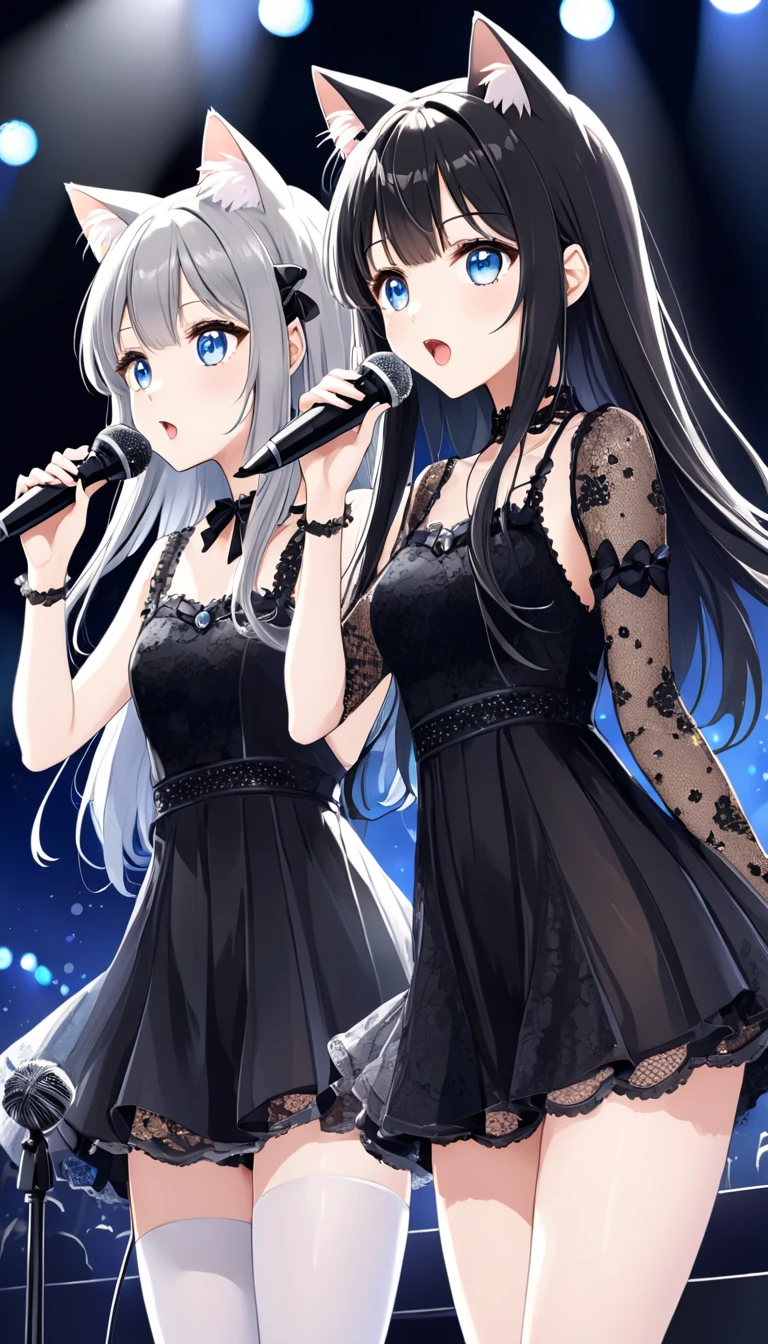 2 people、Mature、Ample breasts、Long Hair、Idol Group、2 people組み、Diva、Open Mouth、sing、Back to Back、Turn your backs on each other、Live Stage、Black costume、Shoulder Bare、Miniskirt、choker、Earrings、bracelet、Hold the microphone、Galaxy Knight、High resolution、Highest quality