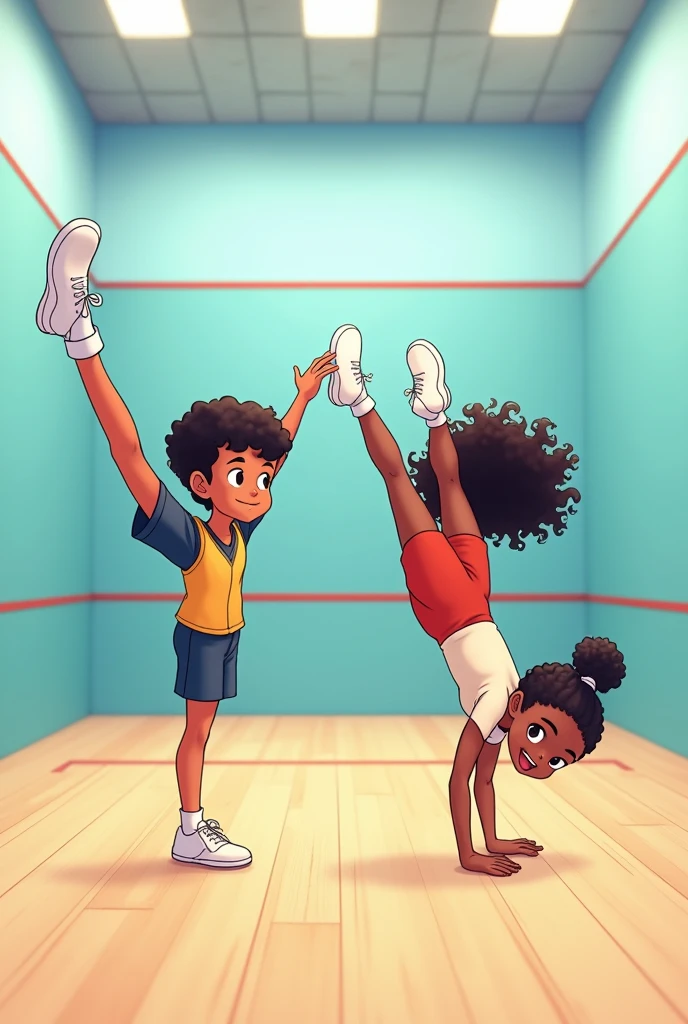 One Indian boy aged 9 wearing a vest, shorts, and white rubber shoes doing a handstand. one african girl with curly hair aged 8 wearing a leotard doing a straddle lift in a squash court and wearing white rubber shoes. Anime style.