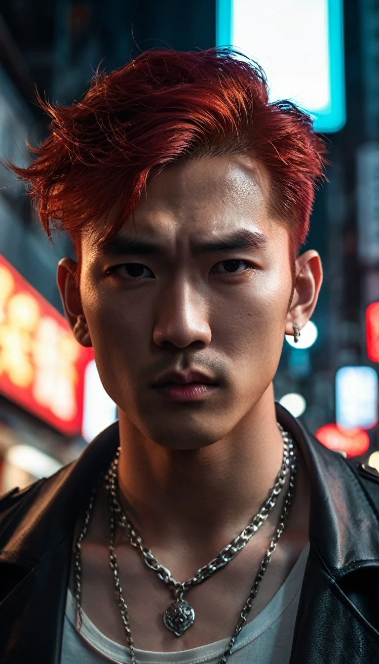 ((Half-body photo)), male vampire, half human, half beast, extremely handsome, (((red hair))), 15 years old, muscular, tight, wearing a necklace, high ponytail, street scene, gangster style, romance, Hong Kong cinema. Eyes filled with sadness and longing. Cinematic light, high detail, 8k, artstation, artistic concept, any virtual darkness. Photo taken with Canon EOS R5 85mm f/11 camera, ((sharp)) mode. Image quality ((8K)), ((realistic)), ((masterpiece)), ((sharpest and highest contrast)), ((amazing depth of field)), ((stereoscopic light)), detailed pore defect, ((looking straight at the camera)), (((red hair)))