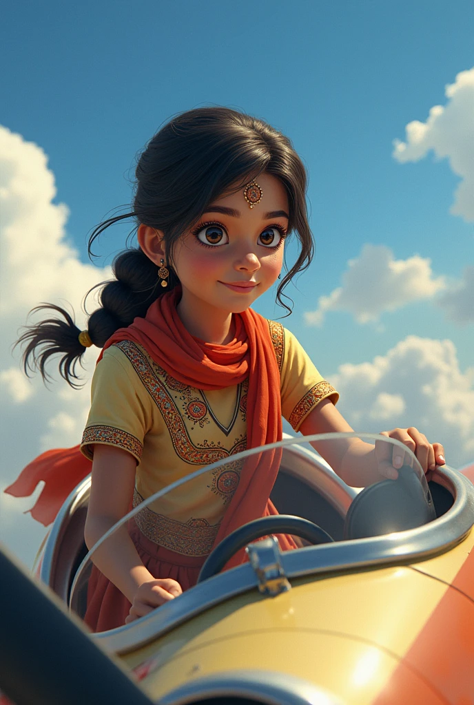 A girl driving a plane weared lehanka