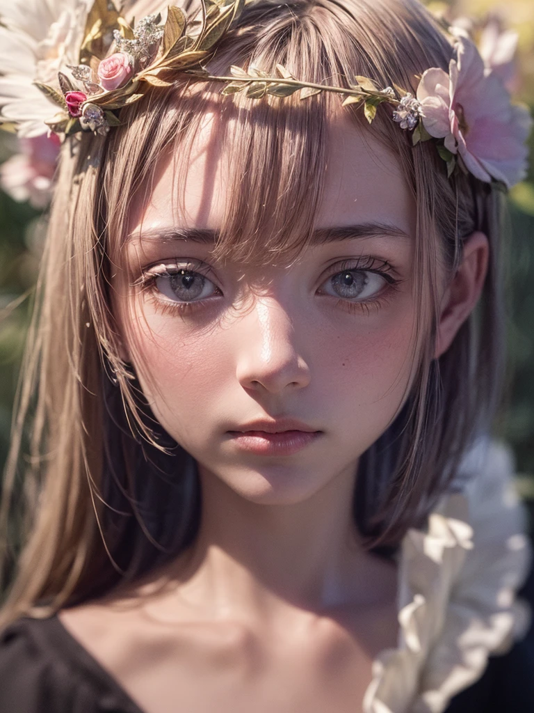 unparalleled masterpiece, ultra realistic 8k CG,masterpiece,pov,(delicate photograph,ultra_detailed,16k,raw photo:1.3),(realistic:1.9,photorealistic:1.9), beautiful detailed eyes,1girl, solo, alone, tiny crown, flowers, leaf, butterfly, face focus, looking back,Silhouette,