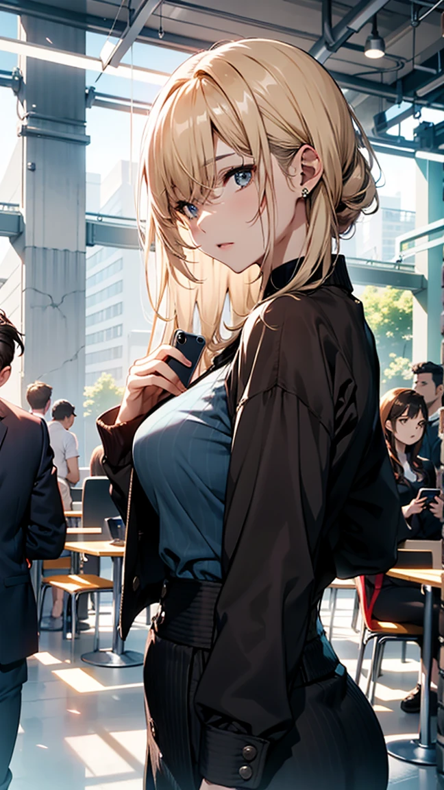 host, アニメのgood lookingな男, Looking at the audience, High resolution, Ultra Sharp, 8k, masterpiece, Very detailed, Highest quality, Male blonde, Expressive blue eyes, Given the, , The woman has pink-brown hair., expressive brown eyes, Couple, good looking、Two people hugging each other、A woman holds a smartphone in her hand、Woman in white dress、The man has his shirt buttons open、A man in a black suit and white shirt、Look straight ahead、The woman is 30 years old、The man's hair color is golden、
