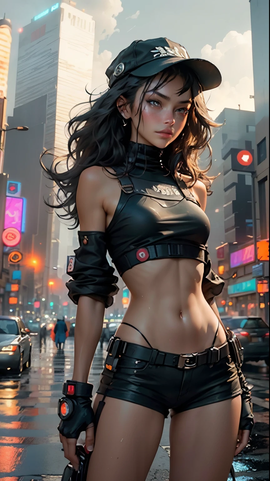 Beautiful woman with medium length hair, in a hat, Short clothes in the style of cyberpunk, Sun-tanned skin, contrast, good anatomy, brawn, Evening sky covered with clouds, Behind the Neon City, Wet Asphalt