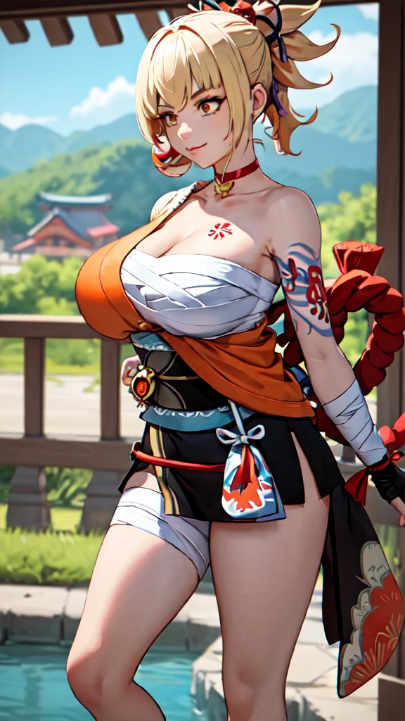 Masterpiece, masterful, high resolution, 1 female, Blonde hair, Medium hair, Asymmetrical hair, Floating hair, High ponytail, side locks, hair adornments, fish hair ornament, nipple tassels, Hairpin, bangs, orange eyes, Smile, choker necklace, red necklace, pendant choker, butterfly choker, clavicle, tattoo, chest tattoo, flower tattoo, cleavage, Huge breast, Thighs, bandages, bandaged leg, industry, Budget sarashi, Sarashi of the chest, black sash, Hadanugidosa, Hokisei, Japanese clothes, common, Wallet, obi, obiage, obijime, orange kimono, Wallet, patterned kimono, Cord, obi, shimenawa, Short kimono, bare shoulders, Genshin, east asian architecture, sakura, Single glove, Single fingerless gloves, arms cuffs,busty body, thick leg