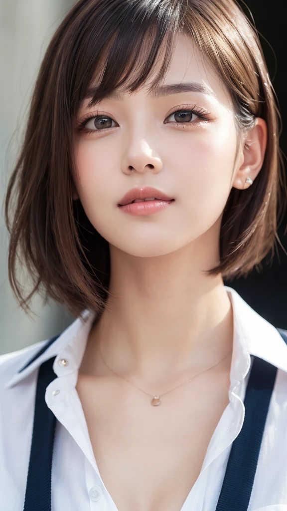 (masterpiece:1.3), high resolution, ultra detailed, extremely detailed CG unity 16k wallpaper, realistic, photo-realistic, RAW photo, super fucking beautiful detailed face, natural makeup, pale skin, realistic glistening skin, detailed cloth texture, detailed hair texture, beautiful detailed fullbody, Perfect female body, accurate, Anatomically correct, Highly detailed face and skin texture, natural neck length, (beautiful hands), (fair skin:1.1), (well-aligned teeth:1.1), (beautiful breasts), (Perfect dynamic composition, looking at viewer), (Random and sexy poses:1.3), 
BREAK, 
Detailed eyes, symmetric eyes, Light Brown eyes, Double eyelids, Thin eyebrows, (Glossy lips:1.4), ((A face with waiting for a kiss:1.2)), (blush:1.1), (A sparkling small hair accessory:1.1), (beautiful smile:1.1), (sweat skin,blush:1.2), 
BREAK, 
((short hair, bob, Dark blonde hair, bangs:1.2)), (High school girl, School, school uniform:1.3) 