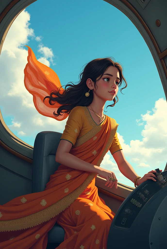 A girl driving a plane weared lehanka