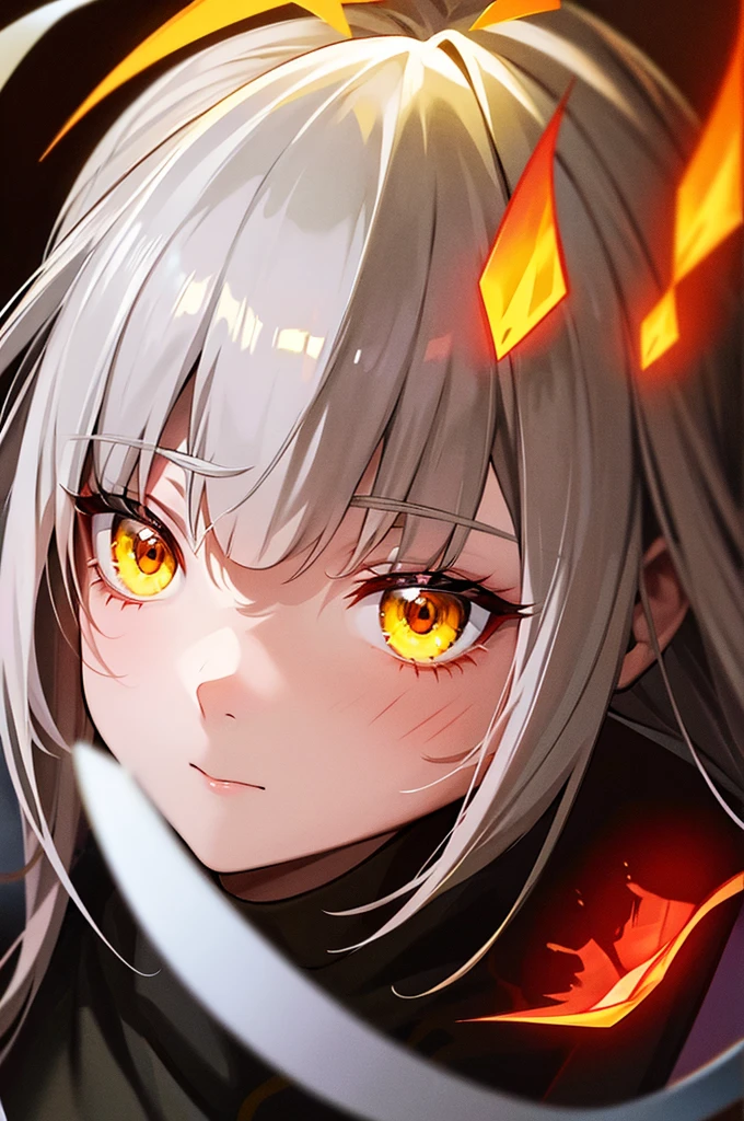 Animated illustration of a woman with a scar on one eye, an anime drawing inspi빨간색 by Jin Homura, tumbler, mingei, with glowing red eyes, nezuko-chan, yellow eyes and a slim face, with yellow glowing eyes, with yellow eyes, Evil Expression, ((yellow)) Loose eyes, nezuko, fully yellow eyes