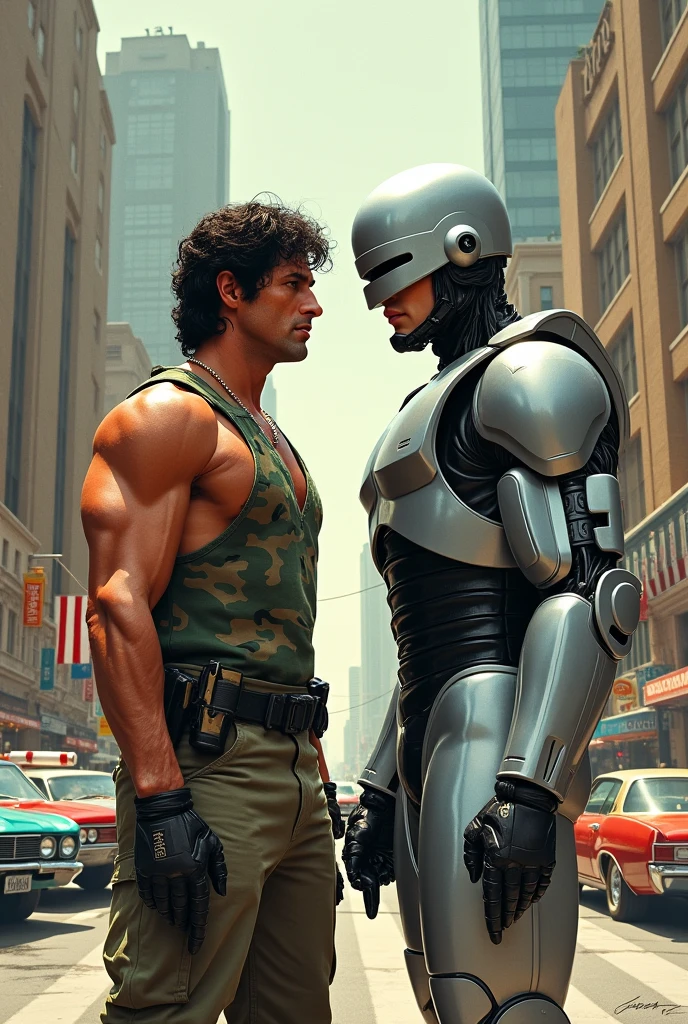 Illustrate Sylvester Stallone as Rambo in his camo outfit and Robocop in his armor. Set them against a 1960s backdrop with classic cars and buildings. Use soft colors. Include the title "1960s Clash" at the top in a clear font.