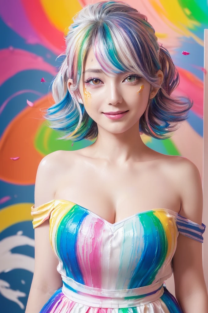 A slight smil,BDSM,bunnygirl,gargantilha,NSFW,((top-quality、8K、​masterpiece:1.3))、Crisp focus:1.2、(layers-Cut、tits out:1.2),Beautiful woman with perfect body shape:1.4、Slender Abs:1.2、a wet body:1.5、Highly detailed facial and skin texture、A detailed eye、二重まぶた,Very Shorthair,(cammel toe)、((Walking:1.2))、((Hair with colored mesh:1.2))、(colourful hair:1.6)、(Bright blue eyes)、(rainbow-colored hair:1.6)