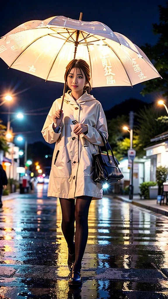 top-quality、uhd、(1girl in), masutepiece, Photorealistic, 8k, (Realistic: 1.2), Full body, Looking at Viewer, pantyhose, flaxen hair, (kafka: 1.2), Walking, Beauty, Nagasaki Port in the rain、Walking with an umbrella、holding an umbrella in your hand、 Harbor background、