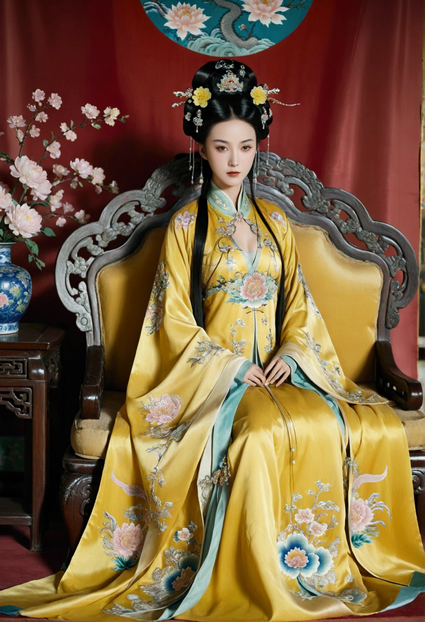 A gorgeous empress from the Chinese imperial court during the Qing Dynasty. She sits naked on a large yellow dragon embroidered sofa with her legs spread apart, her hair in double ponytails, wearing a gorgeous Chinese empress crown and a flower hairpin, and her hair is tied up and pulled up.