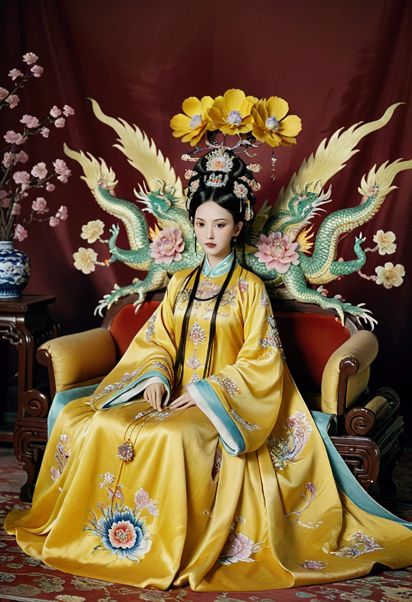 A gorgeous empress from the Chinese imperial court during the Qing Dynasty. She sits naked on a large yellow dragon embroidered sofa with her legs spread apart, her hair in double ponytails, wearing a gorgeous Chinese empress crown and a flower hairpin, and her hair is tied up and pulled up.