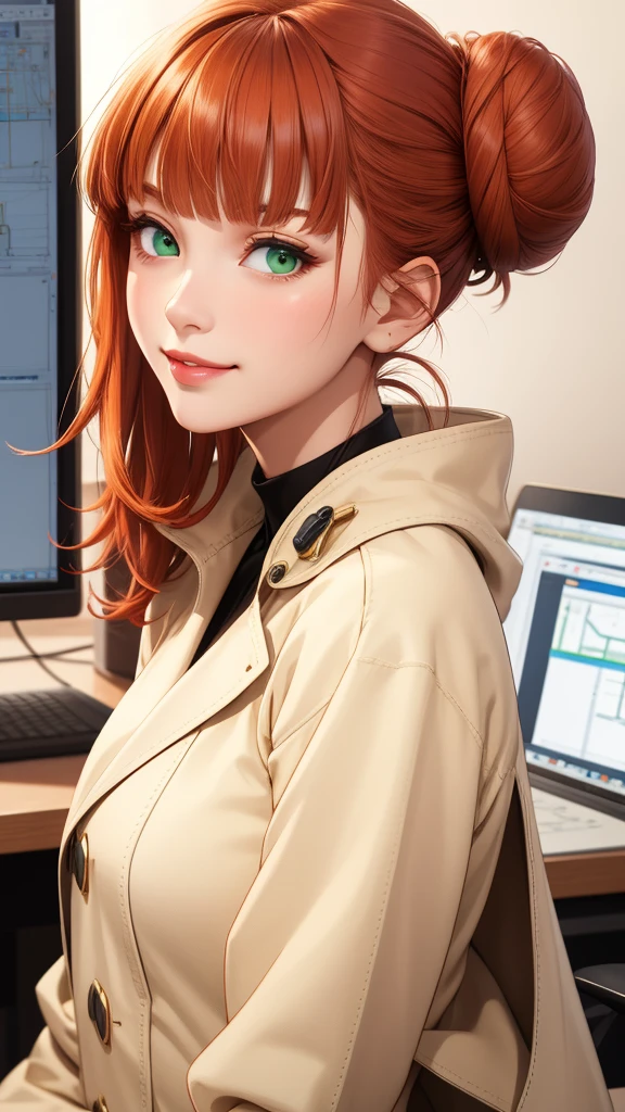 (masterpiece, best quality), intricate details, thin, ((slim)), beautiful girl, ginger red hair, blunt bangs, light green eyes, sharp jawline, beige flesh coat with black lining, elegant bun hairstyles up with out bang's, lips, upper body, close up, smirk , architect office 