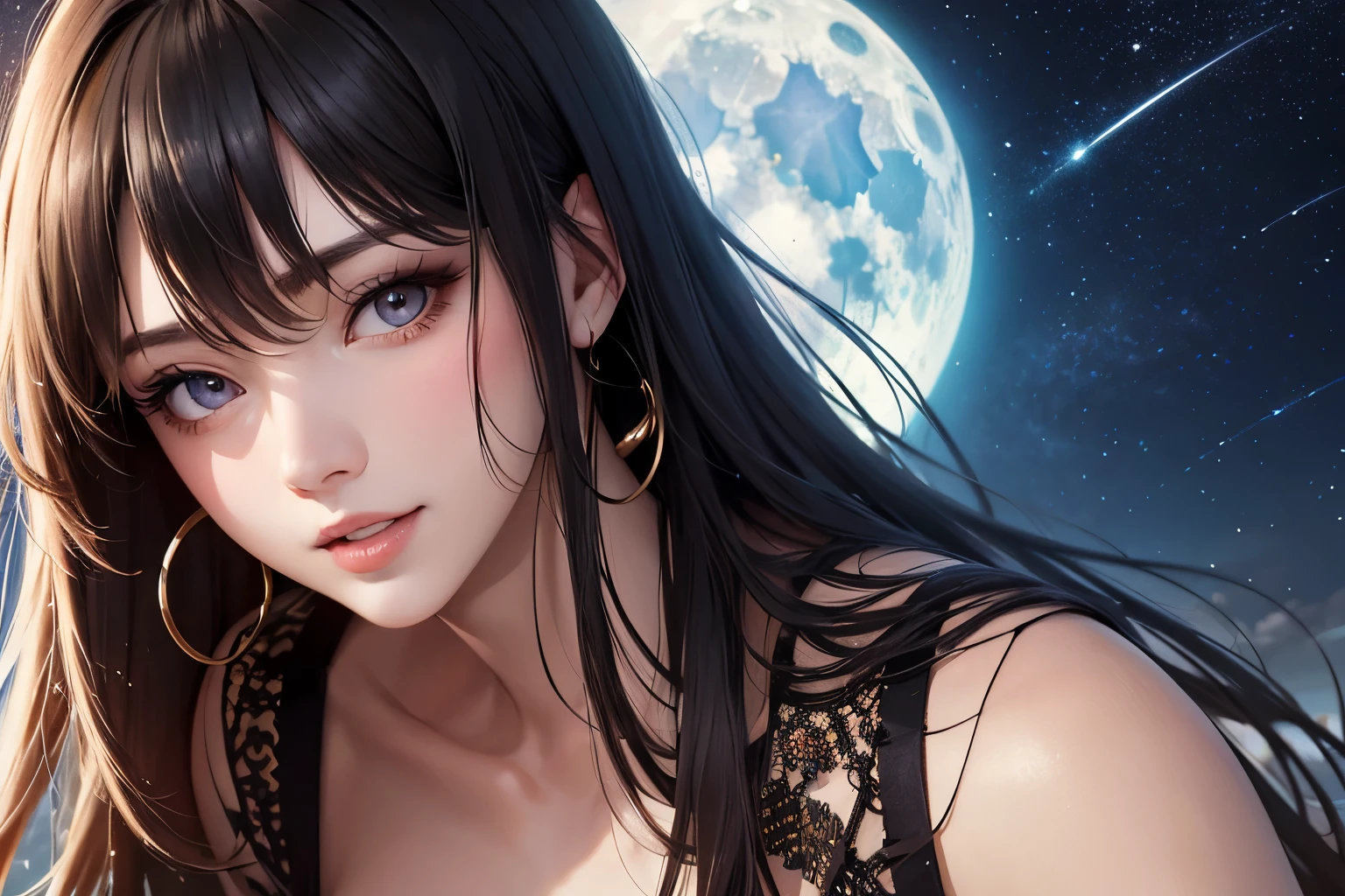 (1 front photo), beautiful face, Highly detailed face and skin texture, (fine eyes), brown eyes, double eyelid, thin eyebrows, glitter eyeliner: 1.2, natural cheeks, shiny skin, white skin: 1.2, shiny necklace and earrings, (glossy lips: 1. 4), ((in the heat)), (35 years old), (Straight ponytail, brown hair, diagonal bangs))((upper body shot)), (Focus on the chest and face), (nude),floating hair, outdoor, Wind,Moonlight night