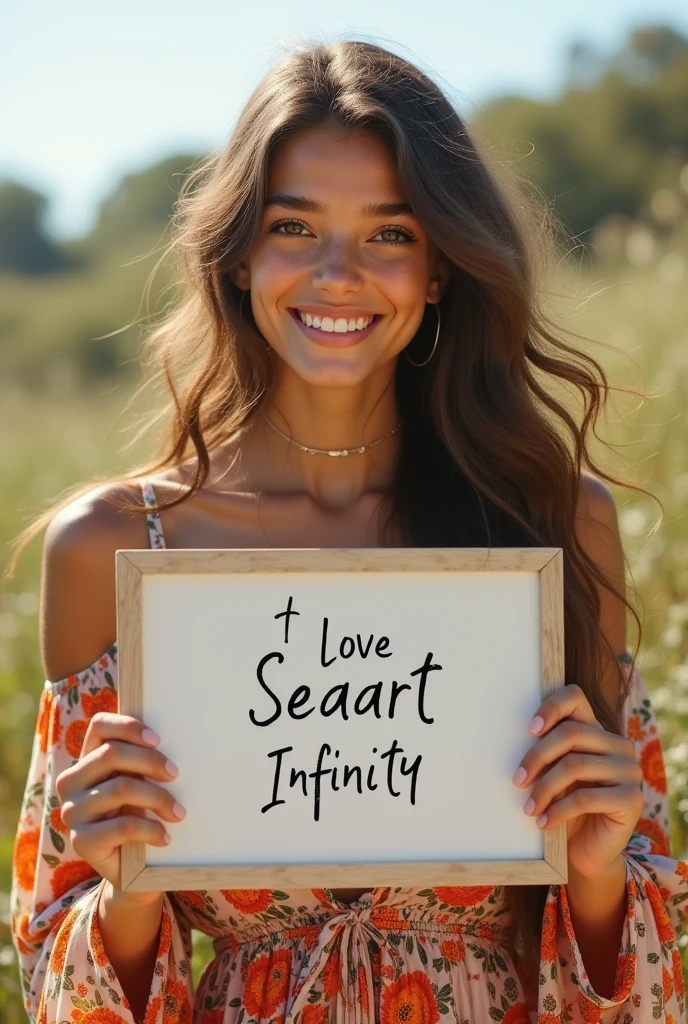 Beautiful girl with wavy long hair, bohemian dress, holding a white board with text "I Love Seaart Infinity" and showing it to the viewer