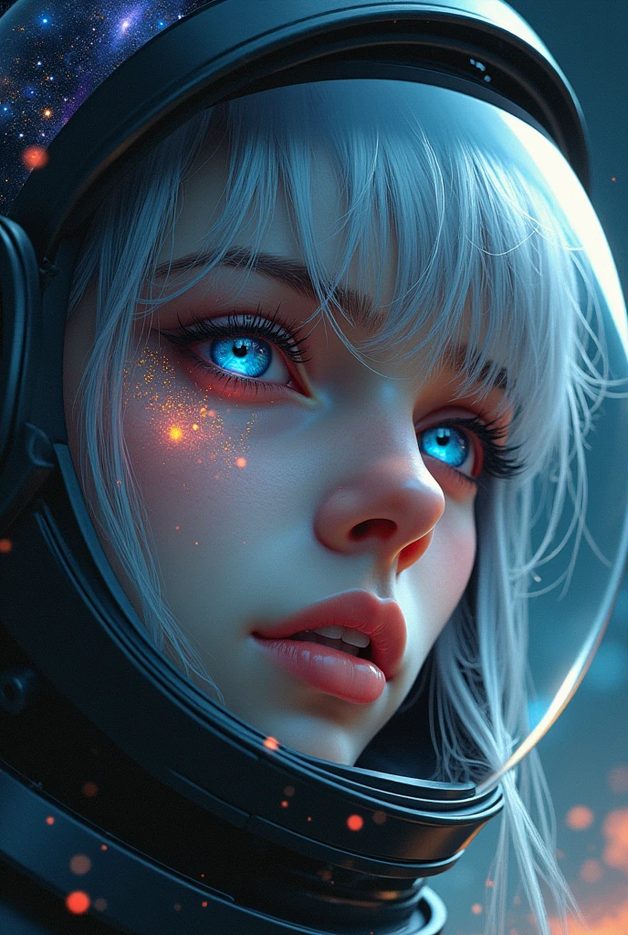(Close-up of a better masterpiece:1.5)0.9], (Space and astronauts:1.2) (Messy silver hair:1.1) (Heterochromia xanthochromia and blue eyes:1.2) (Space Helmet:1.0) (Colored stars in the eyes:1.0) (A radiant glow:1.1) (thick lips:0.9)